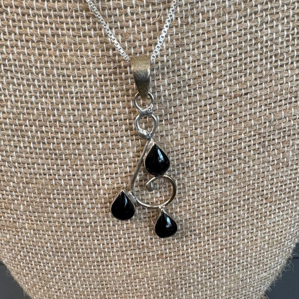 Sterling Silver 925 Black Teardrop Pendant Necklace 16 inch